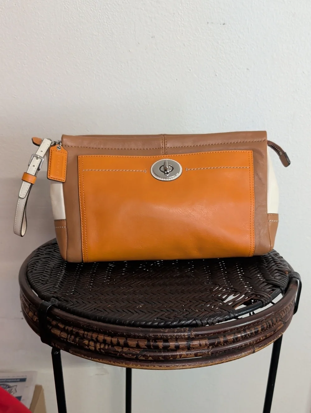 COACH PARK COLORBLOCK LEATHER CLUTCH ORANGE & BROWN